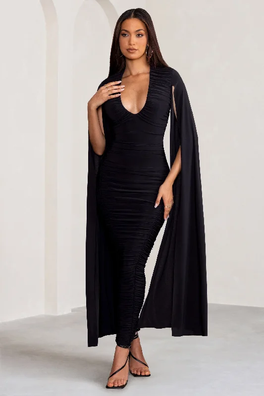 Georgiana | Black Plunge Ruched Maxi Dress with Cape Sleeves