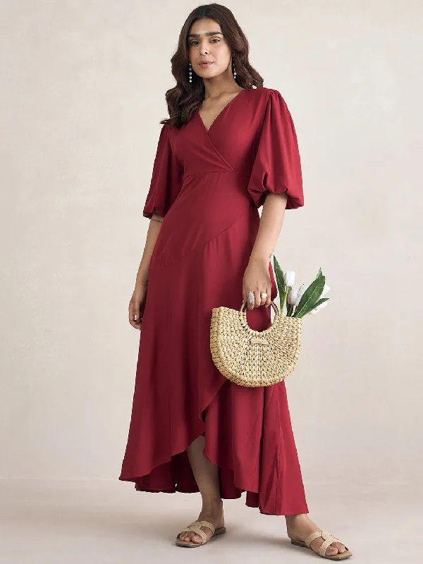 Red Wrap Ruffle Maxi Dress