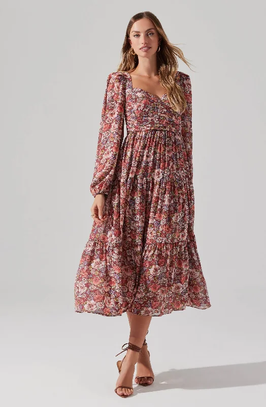 Floral Pleated Surplice Puff Sleeve Midi Dress