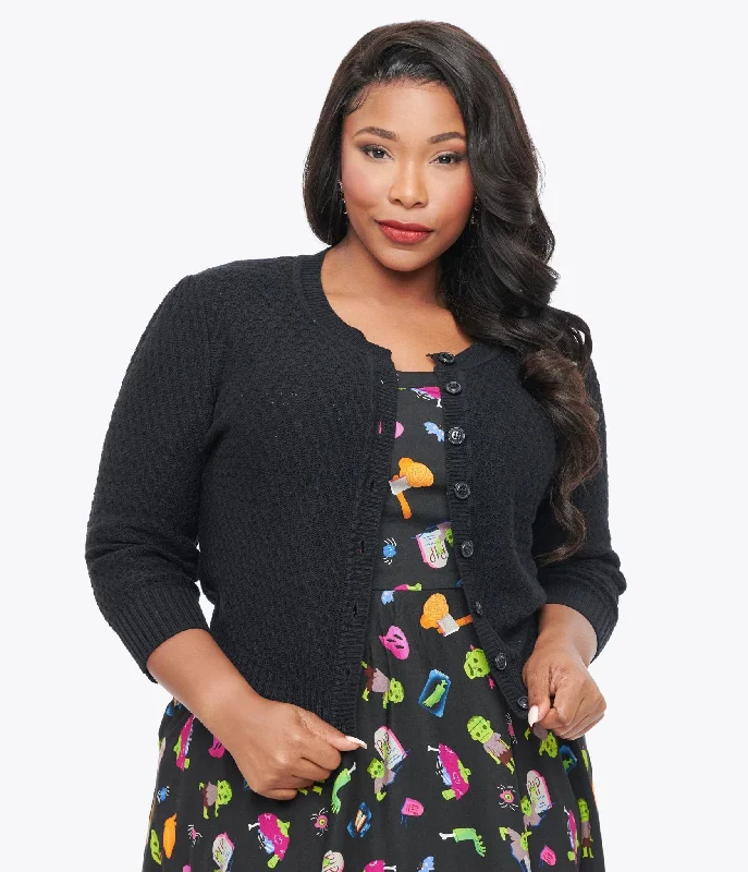 Plus Size Retro Style Black Cotton Crochet Sleeved Button Cardigan