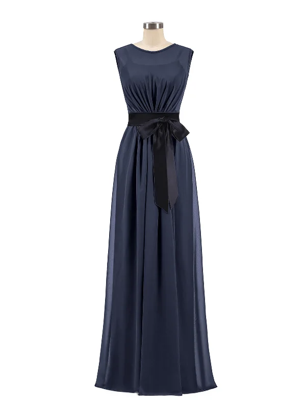 Affordable fashion that looks high-end FAUX-Wrap Chiffon Dress with Black Waistband-Dark Navy Affordable fashion that looks high-end FAUX-Wrap Chiffon Dress with Black Waistband-Dark Navy