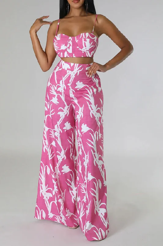 Floral Print Spaghetti Strap Rocking Wide Leg Pant Suit