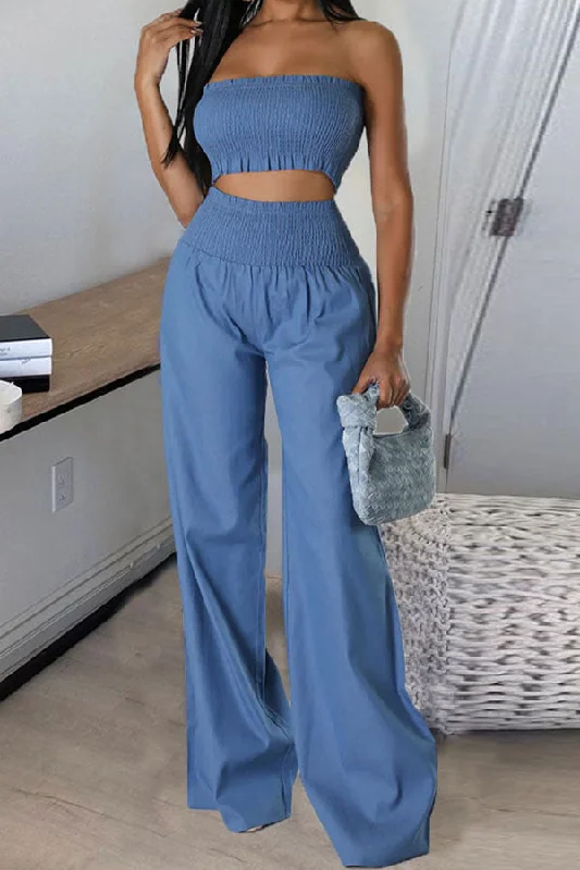 Solid Color Casual Strap Shirred Wide Leg Pant Suit