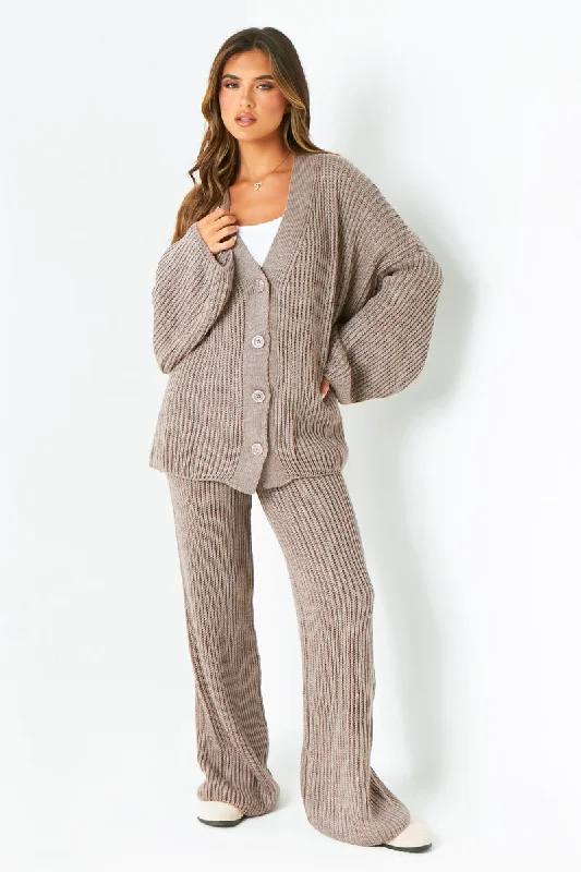 Chantelle Mocha Chunky Knit Cardigan & Trouser Co-Ord Set