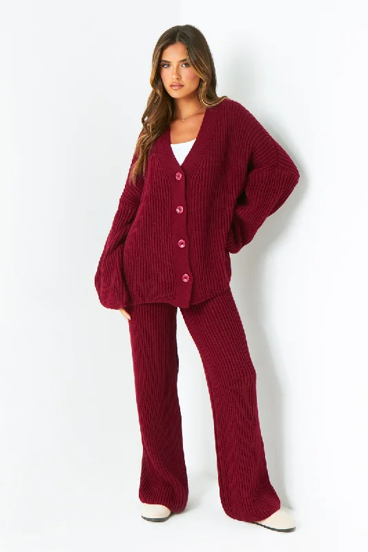 Chantelle Wine Chunky Knit Cardigan & Trouser Co-Ord Set