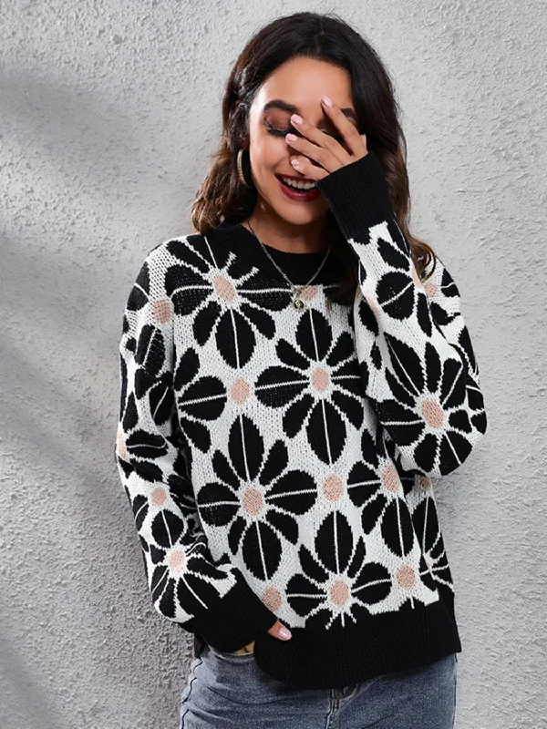 Chic floral round neck sweater